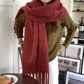 Elegant dark red thickened plush scarf with long tassels, perfect for winter warmth - Burgundy
