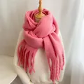 Cozy pink thick plush scarf with fringes for winter warmth and soft texture - Watermelon red
