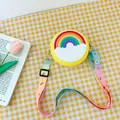 Yellow circular silicone kids crossbody bag with rainbow design and colorful strap - Rainbow Yellow