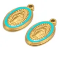Detailed view of religious Virgin Mary oval pendants with gold plating and turquoise enamel - Single-sided Dripping Jesus Pendant Blue