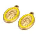 Detailed view of gold Virgin Mary pendants with vibrant yellow enamel background - Lemon Yellow
