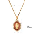 Detailed view of stainless steel Our Lady of Guadalupe pendant necklace with size and weight specs. - Red Virgin Mary Oval Rhinestone Style (XL534)