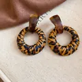 Vintage leopard print leather wrapped geometric hoop earrings with resin stud top - #2 Silver Needle - Dark Brown