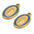 Catholic Virgin Mary oval pendant charm with vintage gold finish and blue enamel drip - Single-sided Dripping Jesus Pendant Dark Blue.