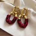 Vintage gold geometric earrings with red and black leopard print leather wrap - Red-Black Leopard Interlock Style / Gold Red