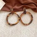 Elegant vintage style bamboo hoop earrings with tortoiseshell resin studs for women - Bamboo Texture Large Hoop Style / Brown