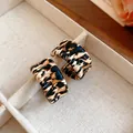 Vintage leopard print braided leather hoop earrings with geometric design in beige and black - Leopard Woven Semi-Circle Style / Gold Light Coffee