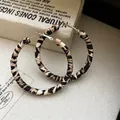 Vintage leopard print leather wrapped gold-toned large hoop earrings for women's jewelry - Leopard Leather Large Hoop Style / Brown