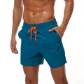 Men's teal quick-dry swimming shorts with neon orange drawstring and elastic waist - M / Teal