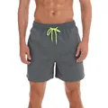 Men's grey quick-dry swim trunks with bright yellow drawstring and mesh lining SKU - M / Gray