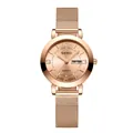 Elegant roségoudkleurig dameshorloge met lichtgevende wijzers dubbele kalender en mesh band - Roségoud Gouden Wijzerplaat