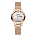 Elegante dameshorloge met roségouden mesh band en zilveren wijzerplaat met datum. - Roségoud Wit