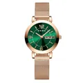 Elegant rose gold mesh strap women's quartz watch with green dial and day-date display - Rose Gold Green Face
