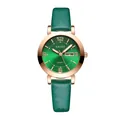 Elegant women's quartz watch with green sunburst dial and rose gold case leather strap - Leather Strap Green Dial
