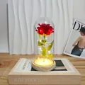 Elegant eternal red rose in glass dome with warm LED fairy lights and a wooden base - Acrylic Dome / Red