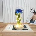 Blue preserved rose in glass dome with LED fairy lights and light wooden base gift - Acrylic Dome / Blue
