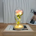 Elegant artificial pink rose night light in clear glass dome with LED lights - Acrylic Dome / Pink