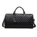 Elegant black quilted travel duffle bag with diamond pattern and adjustable strap. - Black Small