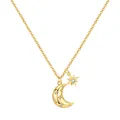 Detailed view of the gold-plated crescent moon and sparkling star pendant necklace. - White Copper / Star Moon Amulet Necklace (9075)