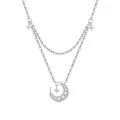 Elegant silver double-layered necklace featuring sparkling crescent moon and star pendants - White Copper / Inlaid Moon Tassel Starburst Double Chain Necklace (9016)