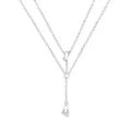 Elegant silver-toned double-layer necklace featuring teardrop zircon and delicate star charms - White Copper / Double Chain Water Drop Zirconia Tassel Necklace (9043)