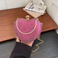 Luxury glittery rose red heart shaped evening clutch bag with gold chain strap - Rose Red