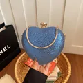 Luxurious sparkling blue glitter heart-shaped evening clutch bag with gold chain - Blue