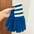 Detailopname van blauw-wit gestreepte gebreide handschoenen met lange boorden - Eén maat / Donkerblauw