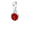 Close-up of silver-plated charm pendant featuring a vibrant round faceted red birthstone - Ruby Red (July)