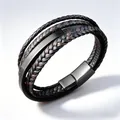 Professionele gevlochten leren armband met meerdere lagen in zwart en bruin, magneetsluiting - 19cm / Zwart