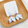 Elegant Chinese style blue and white ceramic drop earrings with 925 silver hooks - White Blue Leaf (1604-16)