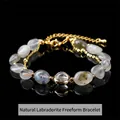 Natural grey moonstone irregular gemstone bracelet featuring elegant golden chain details - 8-10mm / Natural Grey Moonstone Irregular Stone Bracelet