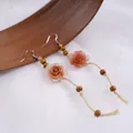 Handmade New Chinese style rose ceramic dangle earrings with wooden beads and tassels - 1140-01 Amber Flower