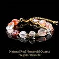 Elegant natural red hematoid quartz irregular bead bracelet with gold finish dainty chain - 8-10mm / Natural Red Hematoid Quartz Irregular Stone Bracelet