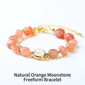 Natural orange moonstone double-strand bracelet with irregular beads and gold chain - 8-10mm / Natural Orange Moonstone Irregular Stone Bracelet