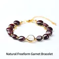 Elegant natural dark red garnet irregular stone bracelet with gold double chain - 8-10mm / Natural Garnet Irregular Stone Bracelet