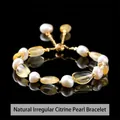 Natural citrine and irregular pearl bracelet featuring a golden adjustable sliding clasp - 8-10mm / Natural Citrine Irregular Stone Artificial Pearl Bracelet
