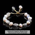 Handmade natural grey moonstone and baroque pearl bracelet with adjustable gold chain - 8-10mm / Natural Grey Moonstone Irregular Stone Artificial Pearl Bracelet