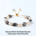 Handmade adjustable gold bracelet with natural baroque pearls and black rutilated quartz. - 8-10mm / Natural Black Rutilated Quartz Artificial Pearl Bracelet