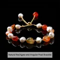 Natural red agate and baroque pearl adjustable beaded bracelet for women - 8-10mm / Natural Red Agate Irregular Stone Artificial Pearl Bracelet