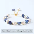 Natural blue aventurine and pearl freeform bracelet with gold adjustable chain - 8-10mm / Natural Blue Aventurine Irregular Stone Artificial Pearl Bracelet