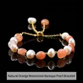 Elegant natural orange moonstone and baroque pearl beaded bracelet with gold chain - 8-10mm / Natural Orange Moonstone Artificial Pearl Bracelet