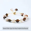 Elegant natural yellow tiger eye and baroque pearl adjustable charm bracelet for women. - 8-10mm / Natural Yellow Tiger Eye Artificial Pearl Bracelet