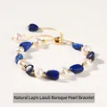Elegant natural lapis lazuli and baroque pearl bracelet with gold-tone hardware accents - 8-10mm / Natural Lapis Lazuli Irregular Stone Artificial Pearl Bracelet