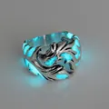 Vintage luminous silver dragon ring with bright blue glow, Chinese style wide band jewelry - Adjustable Open / Antique Silver with Blue-Green Luminous