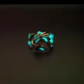 Luminous dragon ring with glowing blue patterns on a wide band design for couples - Adjustable Open / Antique Bronze with Blue-Green Luminous