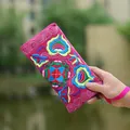 Handmade Yunnan ethnic floral embroidered canvas long wallet clutch in vibrant pink - Rose Red