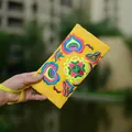 Traditional ethnic floral embroidered yellow canvas long wallet for women with wrist strap - Beige