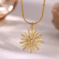 Close-up of 18K gold plated sunburst pendant necklace with micro pave stones. - Micro Pave Full Zirconia Sun (G4288030)