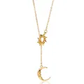 Detailed view of 18K gold plated sun and crescent moon charms on a fine lariat chain - Sun Moon Star Y-Shape (G125650)